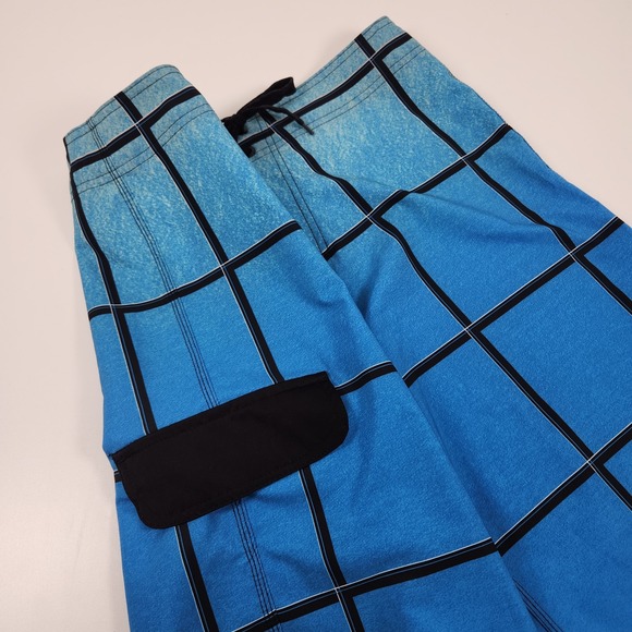 Burnside Board Shorts Mens 32 Black Blue Plaid Swim Surf Beach Trunks Drawstring - Picture 2 of 9